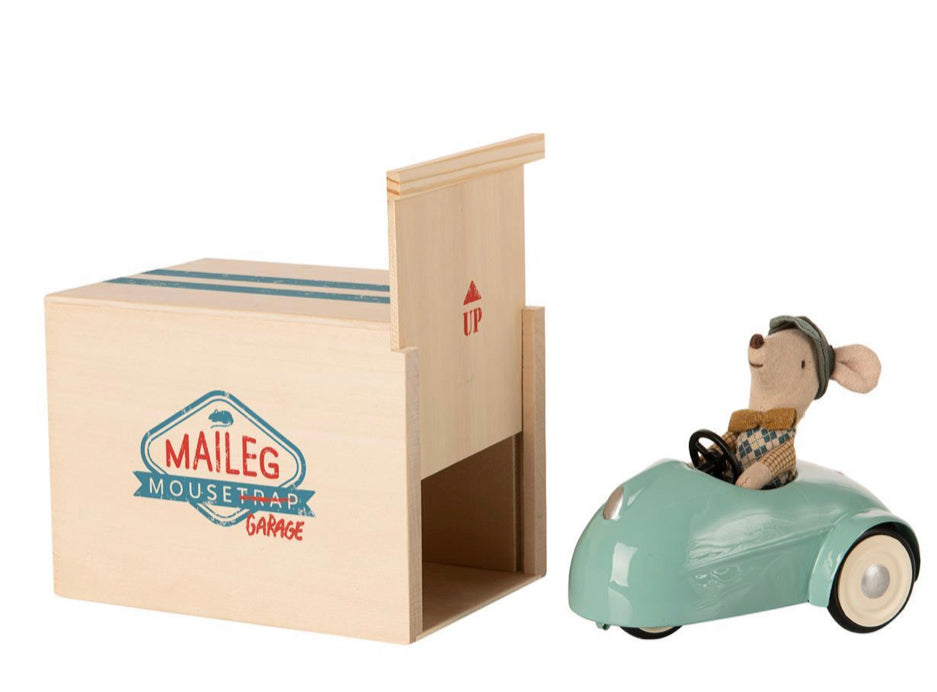 Maileg Mouse, car and garage - blue